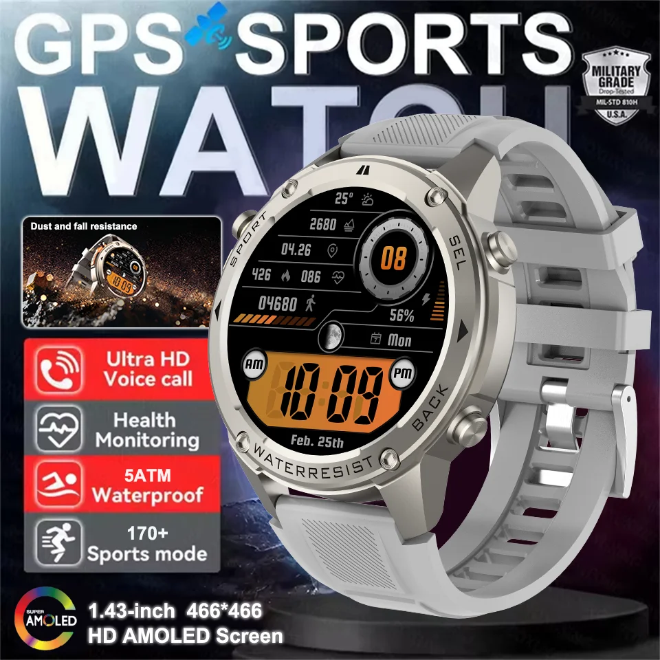 

2025 Новые Смарт-часы с GPS-позиционированием спутников для мужчин 500 мАч 1,43 дюйма AMOLED 5ATM Водонепроницаемые умные часы с пульсометром для спорта на открытом воздухе