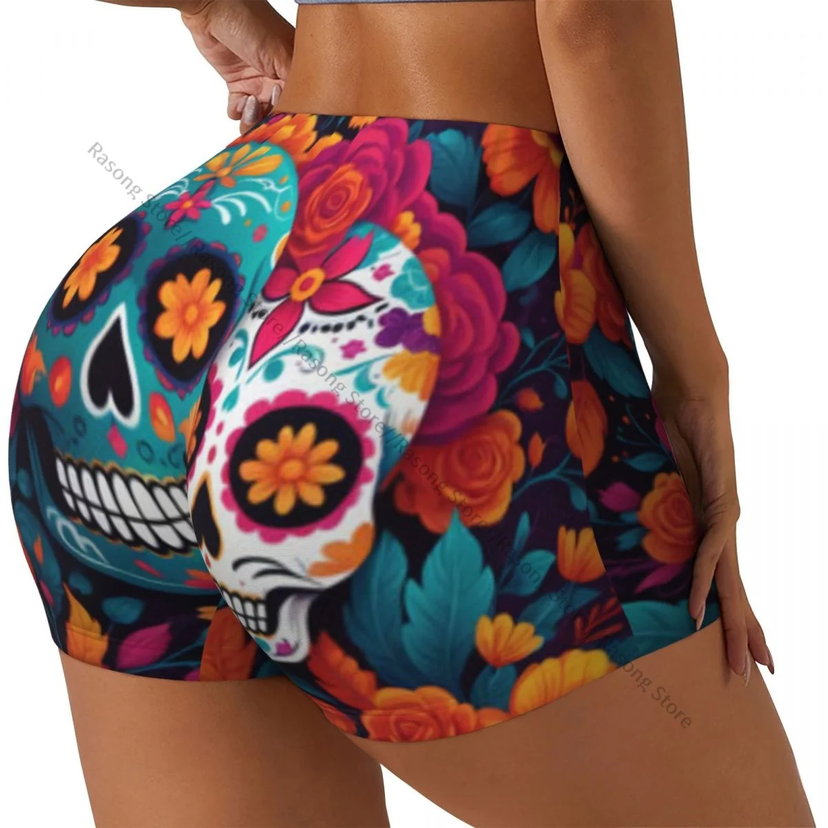 Spandex Yoga Shorts for Women Colorful Sugar Skull Print Workout Booty Shorts