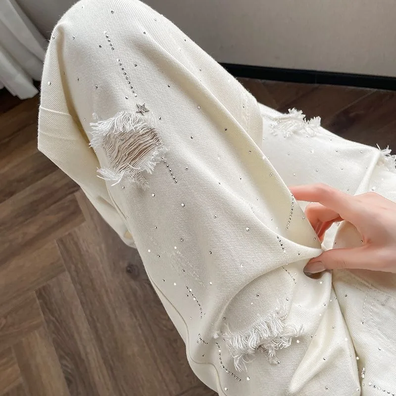Rhinestone Star Embellished Distressed Ripped Jeans for Women Cream White Fringe Destroyed Denim Pants