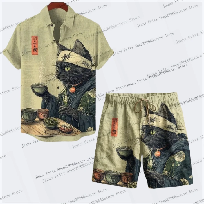 Men's Cat Graphics Shirts Short Sleeve Shirt For Summer 3D Printing Oversized 2Pcs Sets Casual Hawaiian Shirts +Shorts