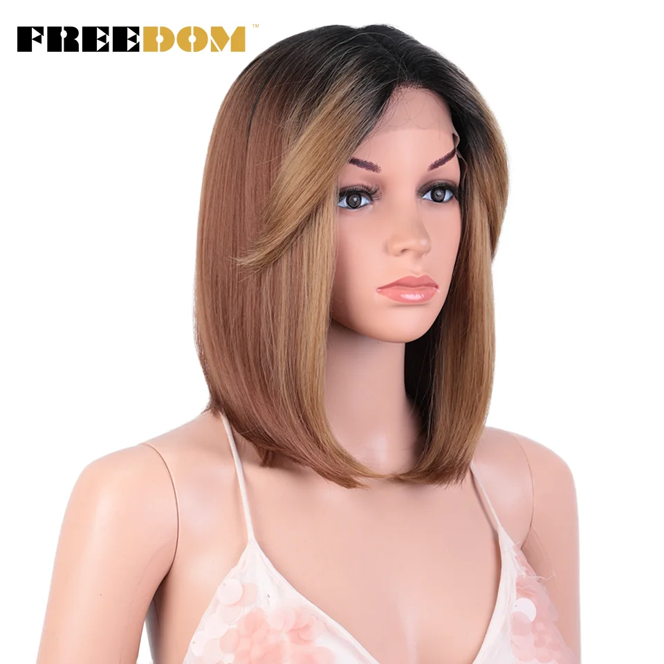 FREEDOM Synthetic Lace Front Wigs Straight Short Bob Wig With Bangs Ombre Blonde Blue Lace Wigs For Black Women Cosplay Wigs