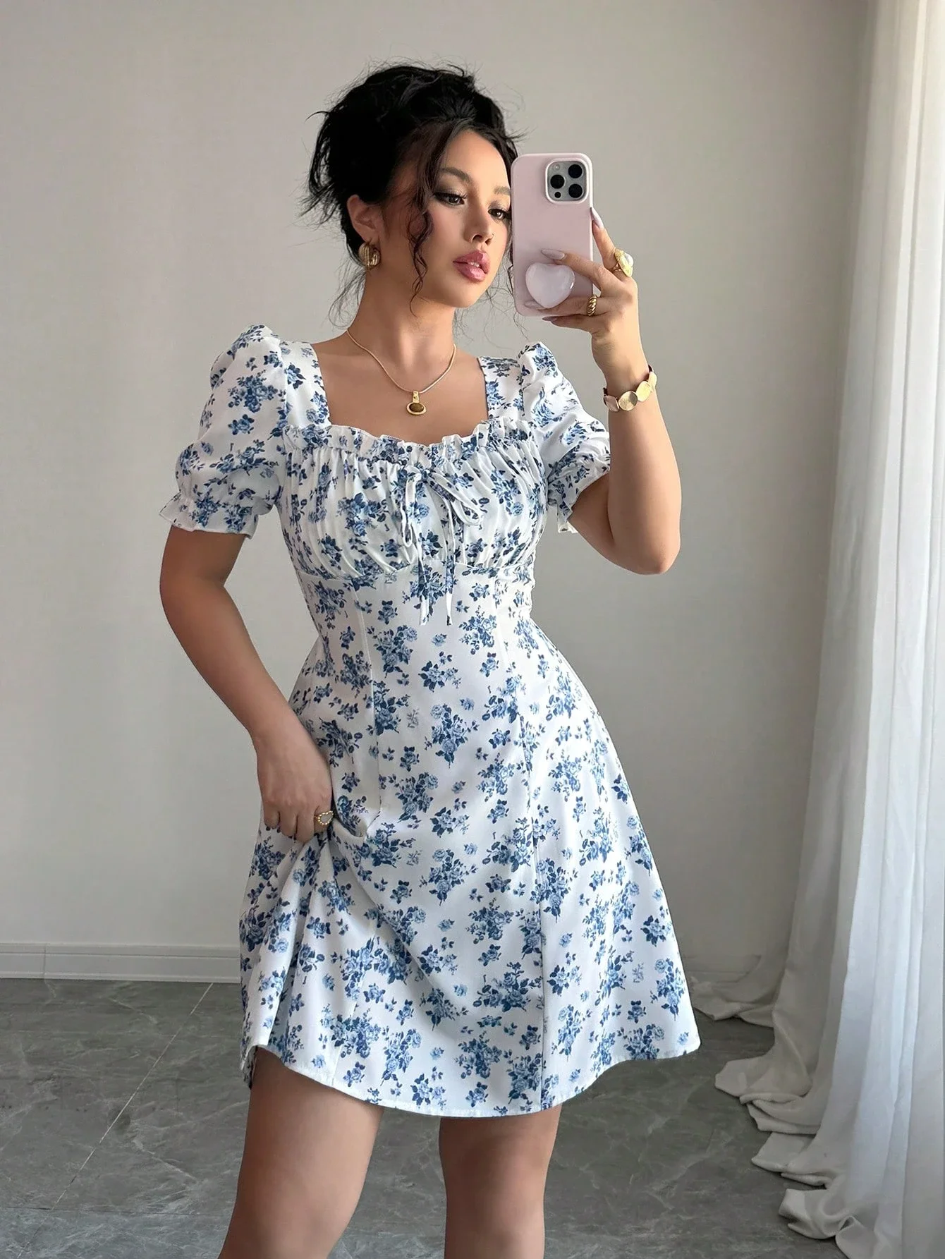 Women Floral Print Square Neck Mini Dress Puffed Sleeves Ruched Waist