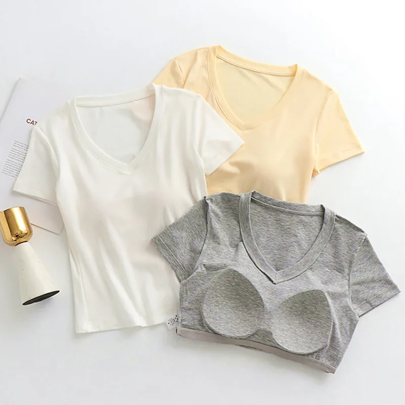 Woman Sleeping Wear T-shirt Casual Short Sleeve Pajamas Top One Piece Women's Bottoming Shirt Chest Pad Outside Pijama Tops