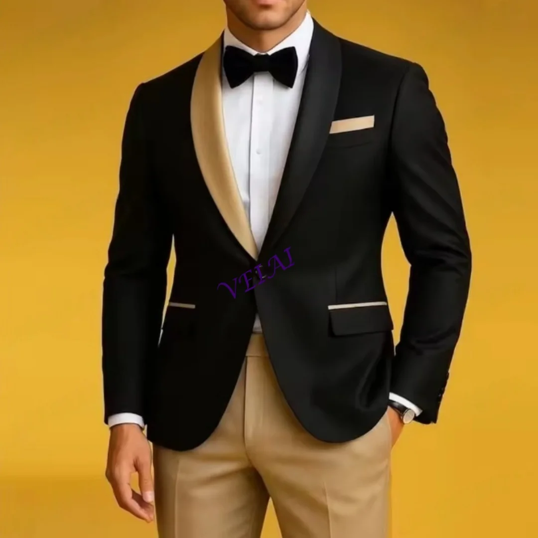 

Индивидуальный новый черный и бежевый мужской костюм, жених, жених, свадебная вечеринка, выпускной, деловой смокинг, комплект из 2 предметов, блейзер Pa