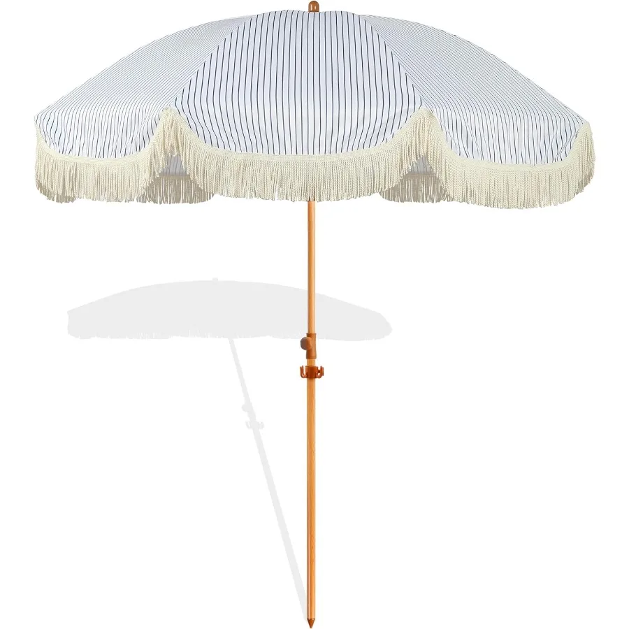 

7.5ft Patio Umbrella with Fringe Beach Umbrella Fringe Umbrella Outdoor Patio with Hanging Hook Tilting Aluminum Pole UV 50+ Fi