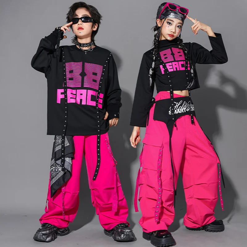 Kinderen Street Dance Prestaties Kostuum Meisjes Jazz Mode Kleding Kid Hip Hop Show Outfit Zwart Tops Shuffle Broek AMY2843