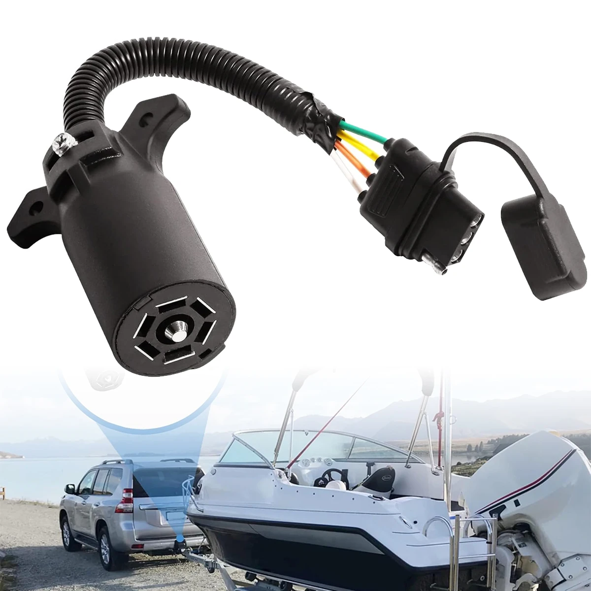 Trailer Plug Adapter, 7-Pin to 4-Pin with Waterproof Cap, 7 Way Round Plug Blade Connector Converts to 4 Way Flat Female Socket