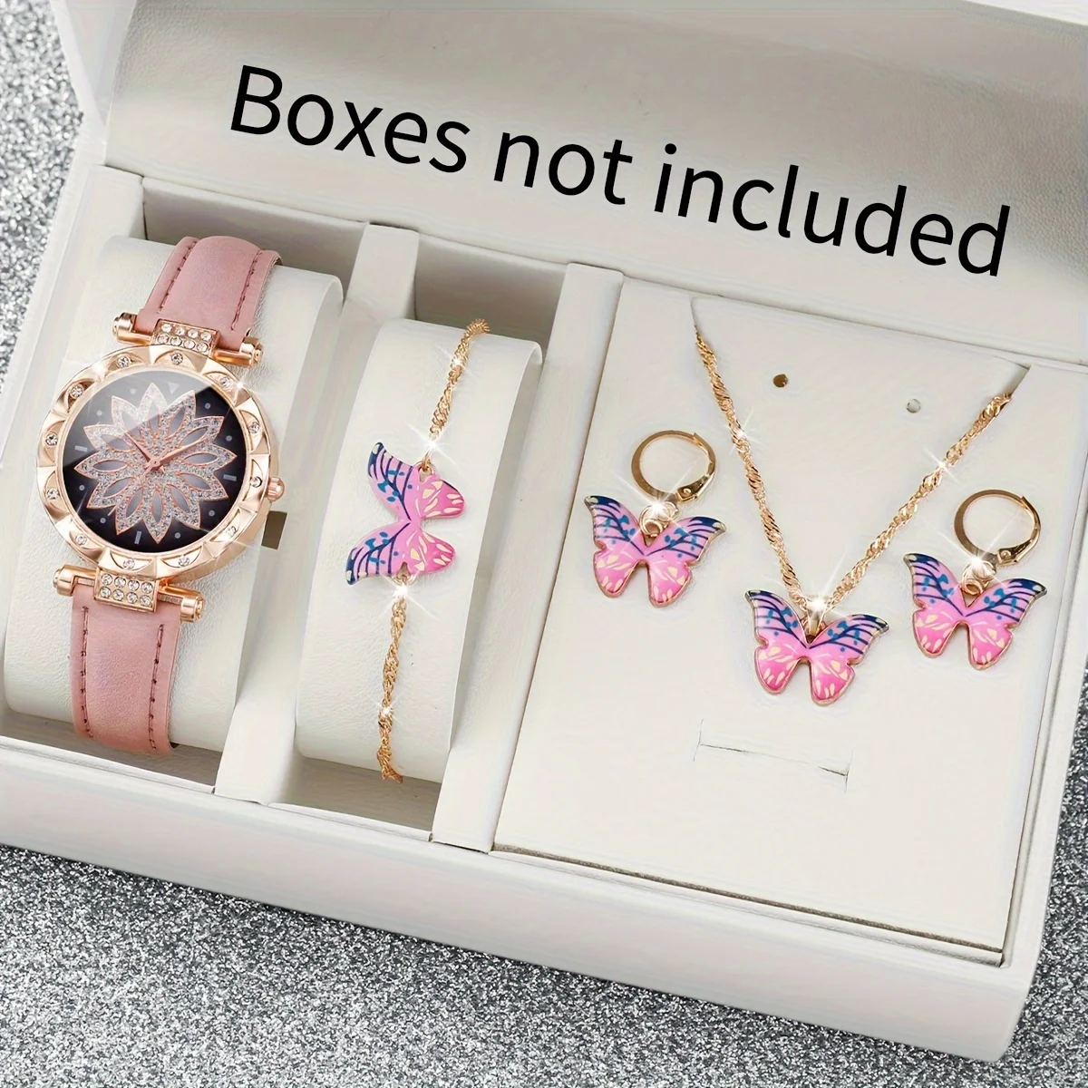 

5pcs/set Glamorous Womens Watch - Sparkling Rhinestone Flower Quartz - Durable PU Leather Wrist Watch & Jewelry Set