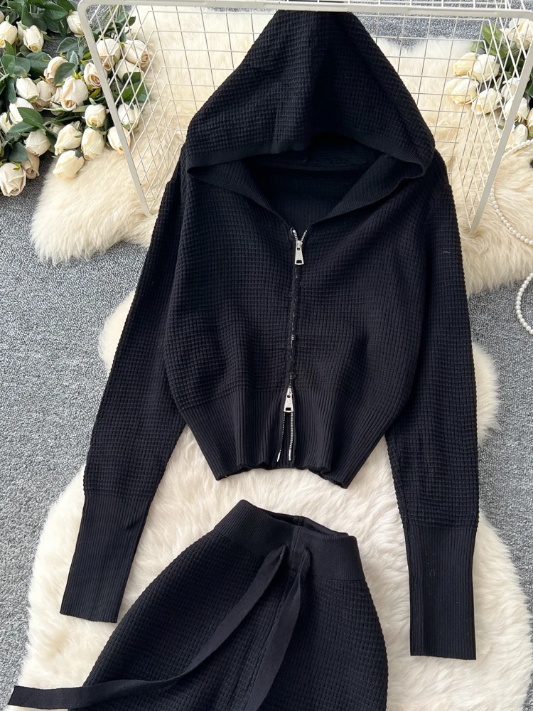 

Повседневный вязаный комплект, женский осенне-зимний свободный комплект с высокой талией, широкие прямые брюки, толстовка на молнии, толстовка с капюшоном или длина, ансамбль Faion