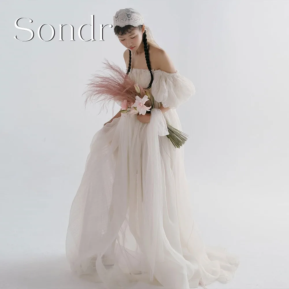 

Sondr Customized New Korean Wedding Dresses Photo Shoot Boat Neck Puff Sleeves Bridal Gown A Line Tulle Evening Party Dresses