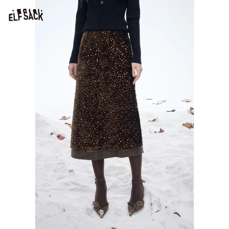 ELFSACK 2025 Sequin Velvet Skirt Women, Elegant Glitter Double Layer A-Line Midi Skirt, Winter Party Skirt
