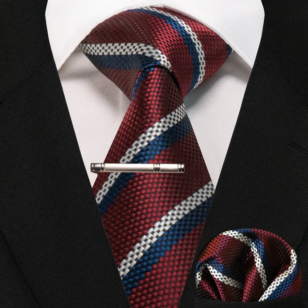 JEMYGINS Business-Krawatte für Herren, Seidenkrawatte in Marineblau, gestreifte Paisley-Krawatte, Einstecktuch, Krawattenklammern, Set für Hochzeit, Party, Geschenk – Detail 34