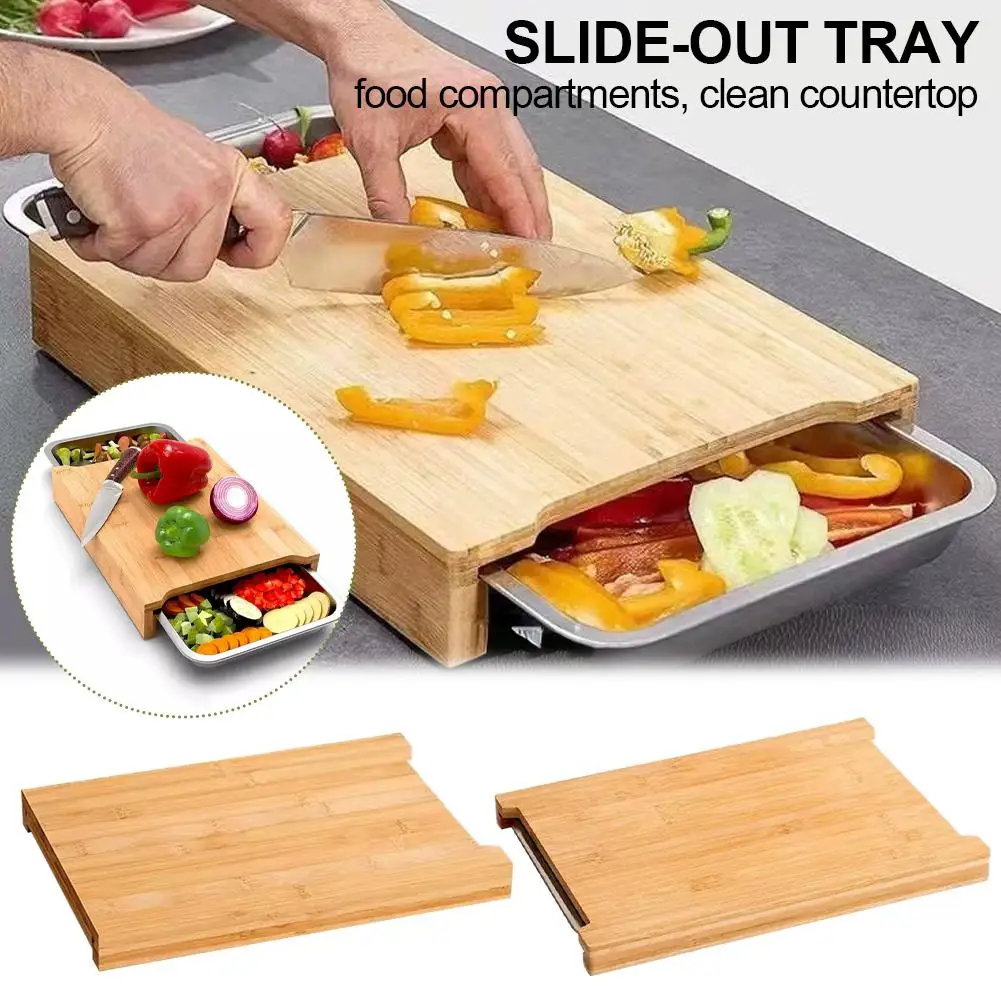 Bamboo Cutting Board With Stainless Steel Storage Hidden Tray With 2 Slide Out Drawers Non-Slip Easy Cleaning Kitchen Tool