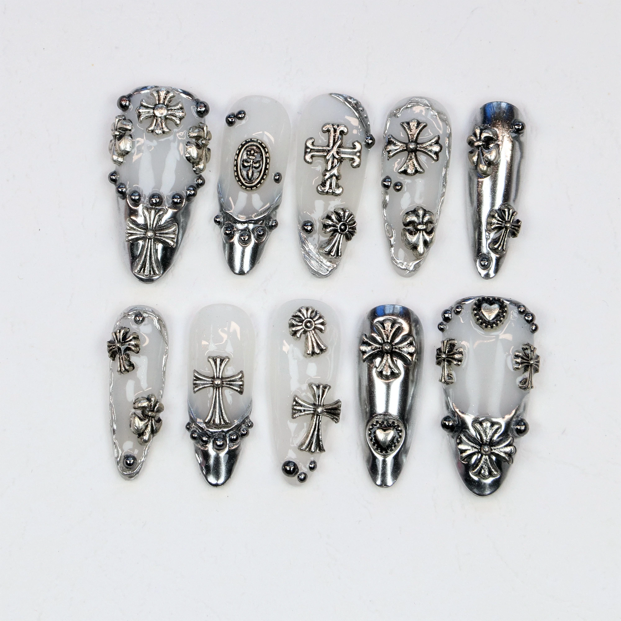 

10Pcs Chrome Silver Long Stiletto Press On Nails,3D Sea anchor,Cross Almond Acrylic Nails,Handpainted Gothic-inspired Fake Nail,