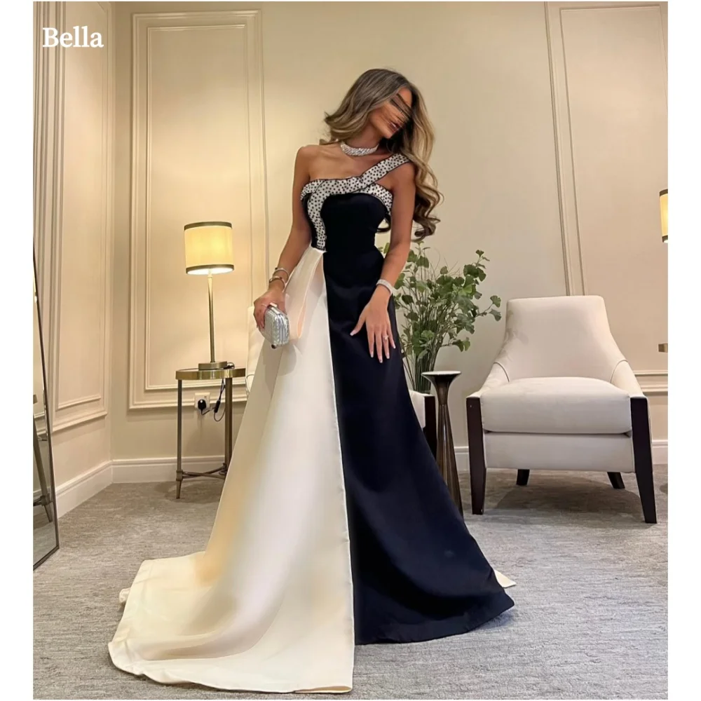 Bella Customized Slanted ShouldersStrapless Satin robes de soirée A-line Sleeveless Evening Dresses Prom Party Wedding Dress