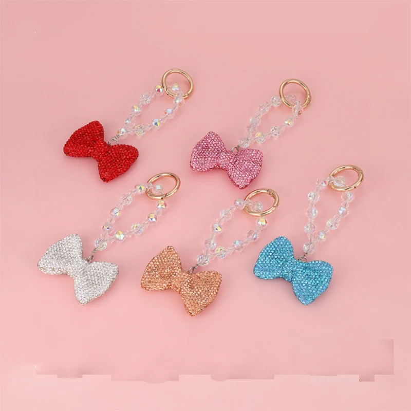 Bling Diamond Cute Bow Pendants Keychain With Crystal Chain Car Key Handbag Purse Hanging Keyrings Accessories DIY Jewelry Gift