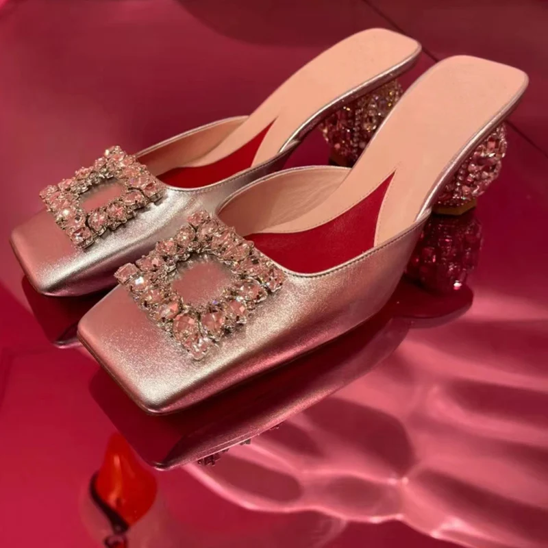 New Rhinestone  High Heels Women Slip-On Pumps Women Square Toe Party Crystal Dress Shoes Femmes Chaussures Zapatos De Mujer