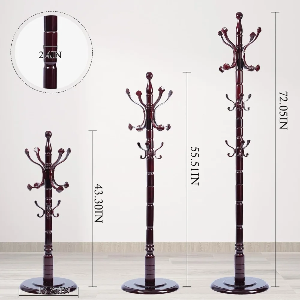 شجرة معطف خشبية صلبة شديدة التحمل مع 14 خطافًا، رف قائم بذاته بقاعدة قوية، لمسة نهائية من خشب البتولا الطبيعي لتخزين المدخل #6