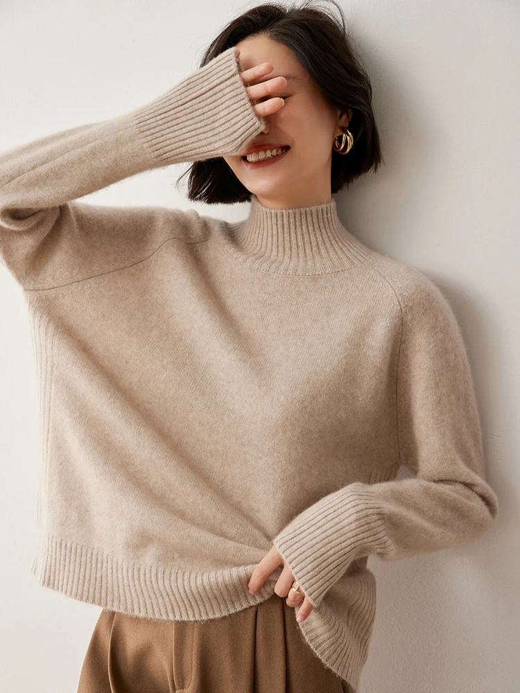 

Autumn Winter Cashmere Sweater Women's Mock Neck Pullover 100% Cashmere Knitwear Solid Color Long Sleeve Casual Clothing Tops