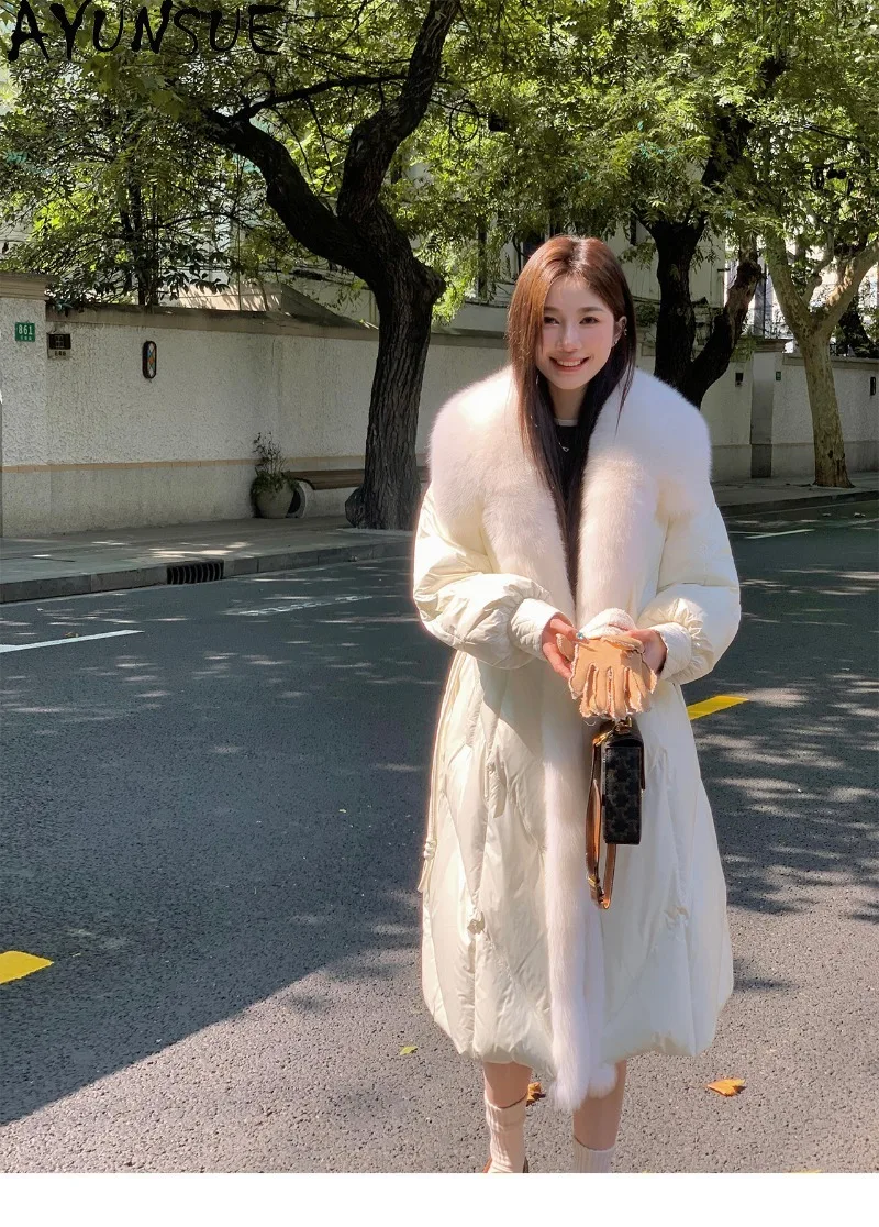 AYUNSUE Womens White Goose Down Jacket Fox Fur Collar Long Length Clothes Female Winter Clothing Loose Fit Puffer Jacket Women