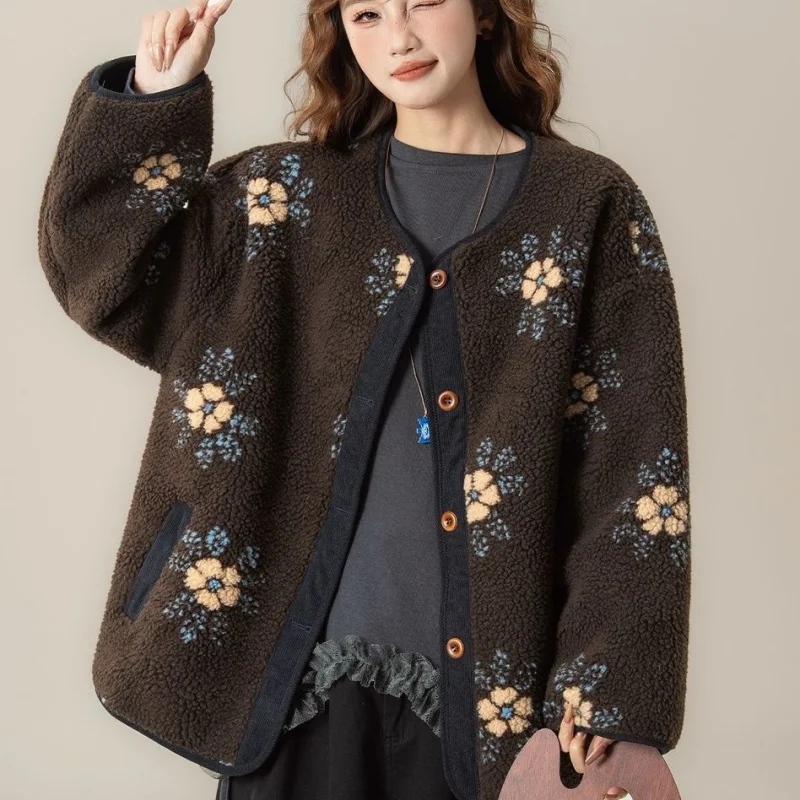 Retro Coffee Colored Jacquard Imitation Lamb Wool Jacket For Women In Autumn And Winter, 2025 Loose And Slim Casual Small Top
