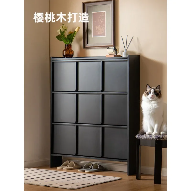 Solid wood ultra-thin shoe cabinet, cream medium antique extremely narrow black tipping bucket shoe cabinet shoe rack