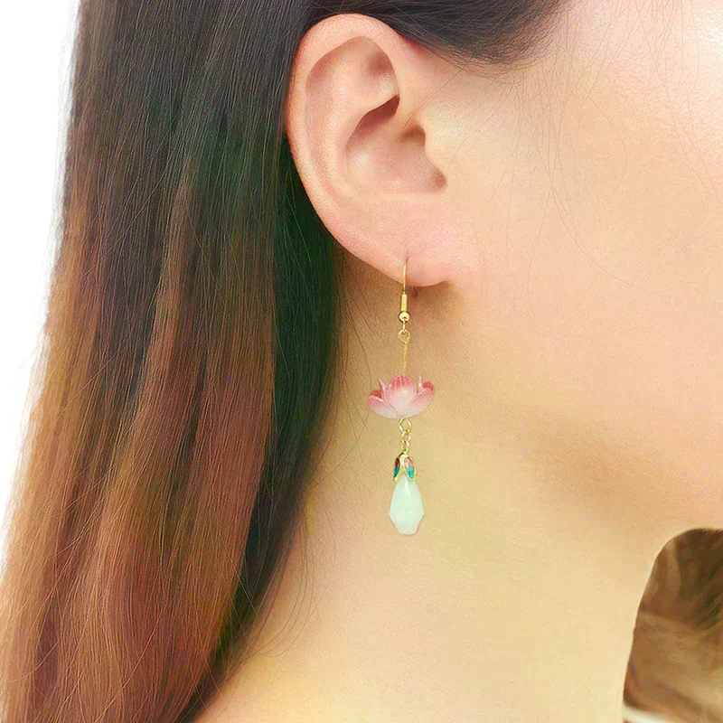1Pair Unique Exquisite Lotus Earrings Elegant Pink Flower Asymmetric Drop Stud Earrings For Women VintageJewelry Accessories