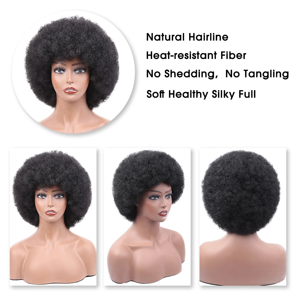 Short Afro Kinky Curly Wigs for Black Women Synthetic African Bouncy Hair Wig with Bangs Ombre Natural Blonde Red Blue Puffy Wig