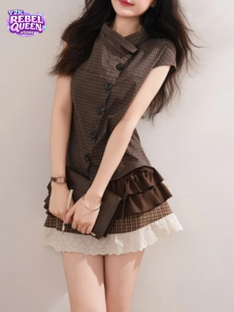 

Japanese Vintage Coquette Plaid 2 Piece Set Women Crop Top Ruffle Mini Skirt Drawstring Slim Fashion Casual Date Night Outfit