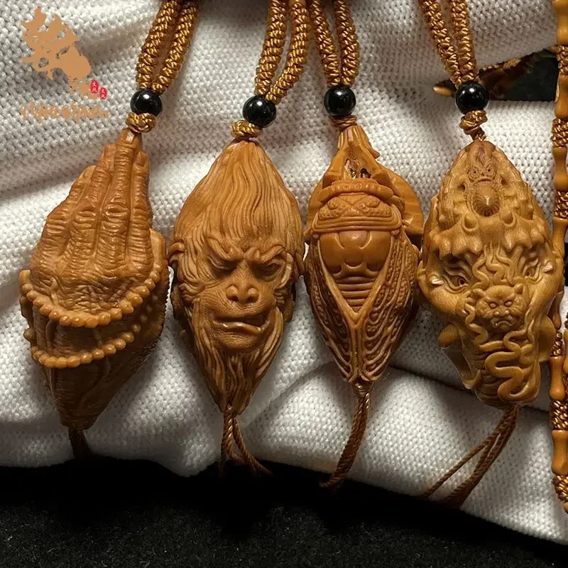 Boutique Olive Kernel Single Seed Pendant Handmade Carved Monkey King Guanyin Great Sage Equaling Heaven Necklace Charms Chain