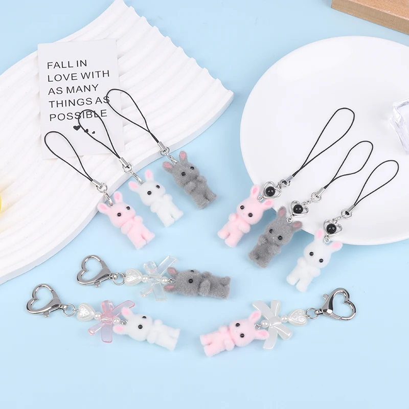 Cartoon Flocking Rabbit Keychain Phone Chain Plush Bunny Phone Lanyard Keyring Car Key Holder Bag Pendant Earphone Camera Chain