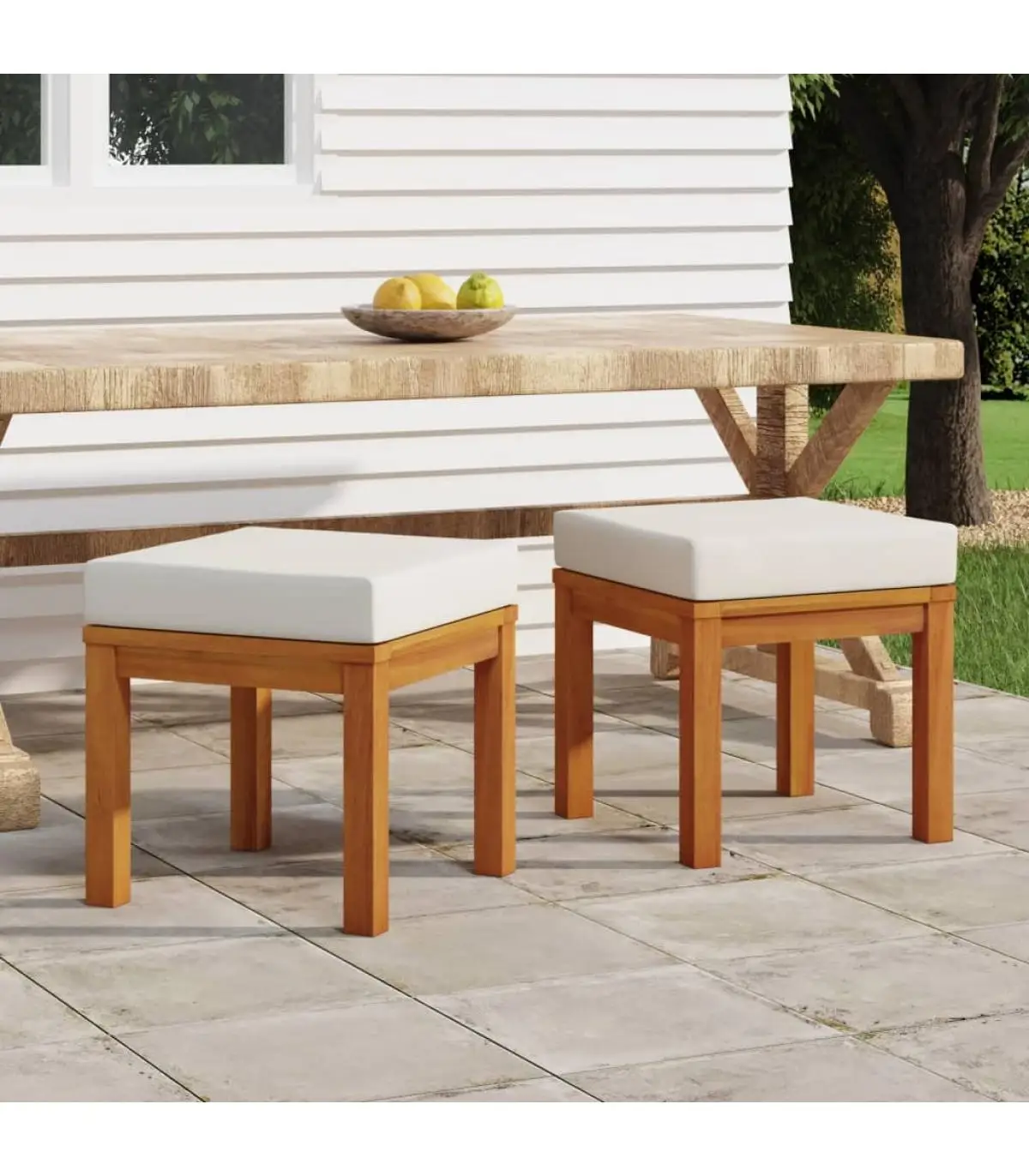 Outdoor Ottomans garden stools with cushions 2 PCs acacia wood 40x40x42 cm