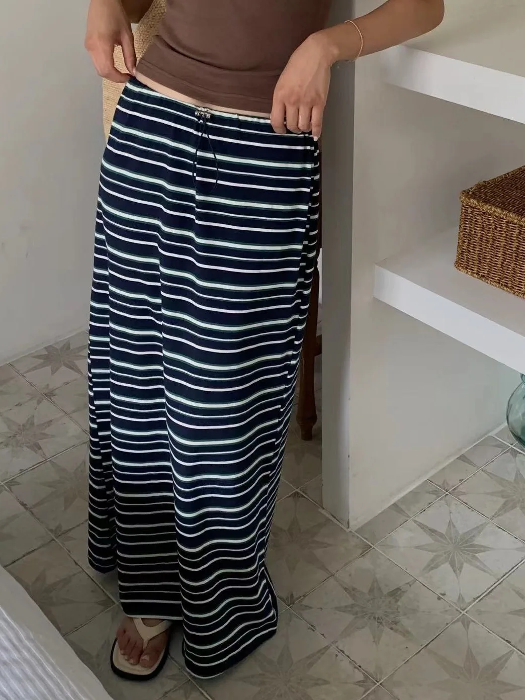 

Laid-ba Korean Sle A-Line Midi Skirt Women's Faionable Retro Striped Dstring Spring Autumn Seasonal Skirts