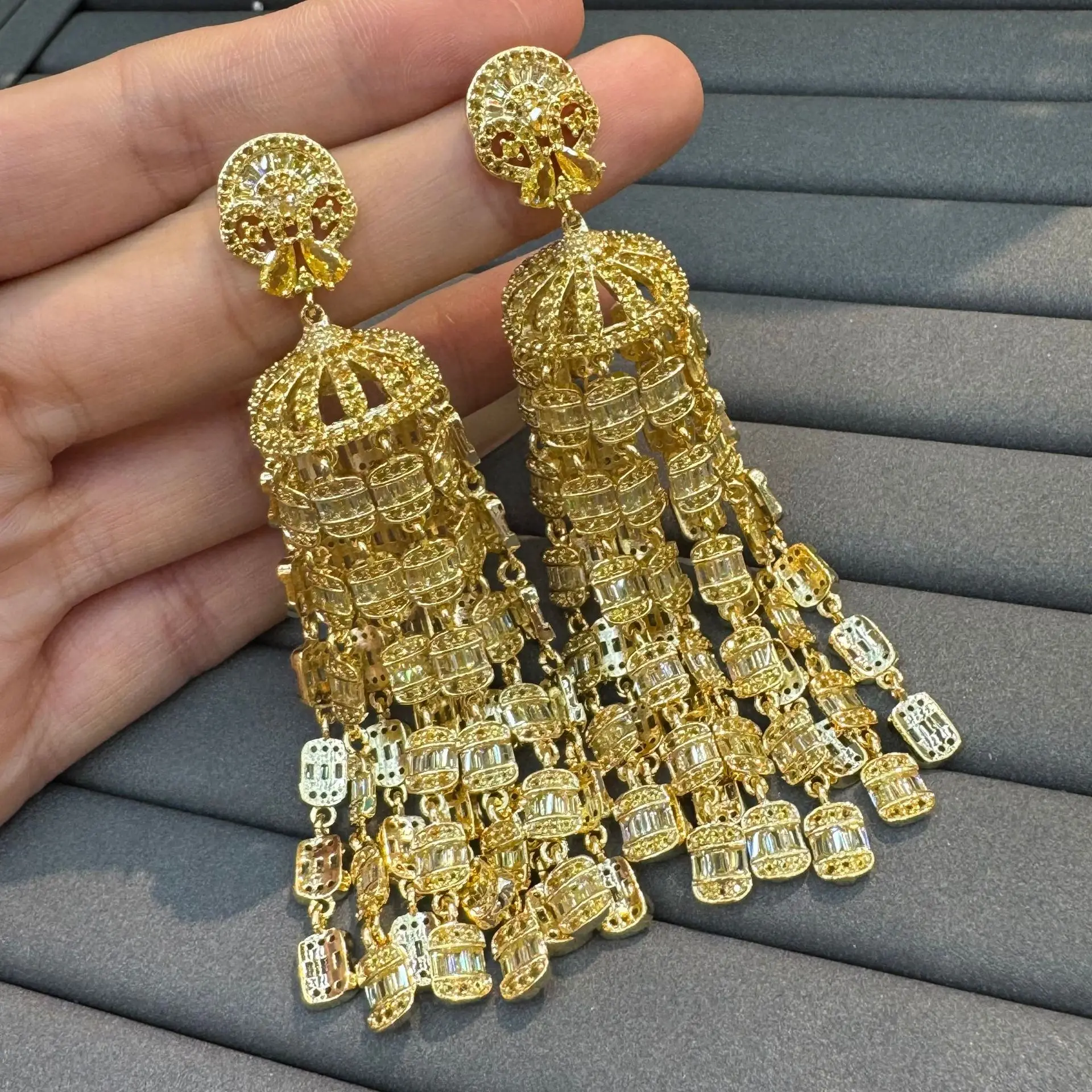 

gold color classy earrings for women zirconia shiny luxury jewelry dinner party wedding long dangling earrings performance