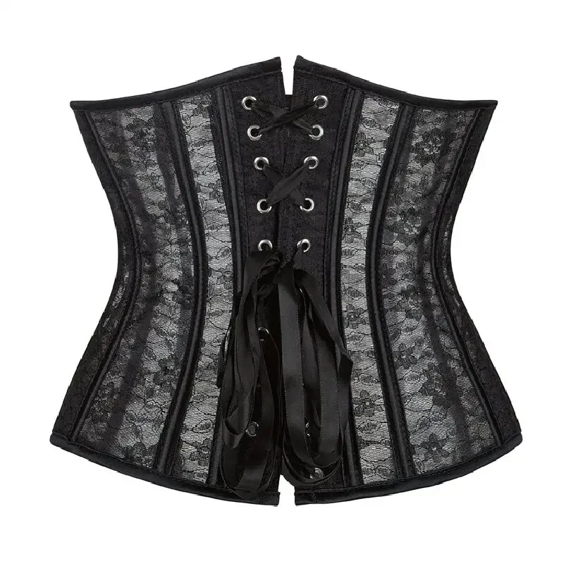 Women Underbust Corset Tops Black White Transparent Mesh Lace Bustier Plastic Bones Basques Body Shaper Waist Cincher Korset