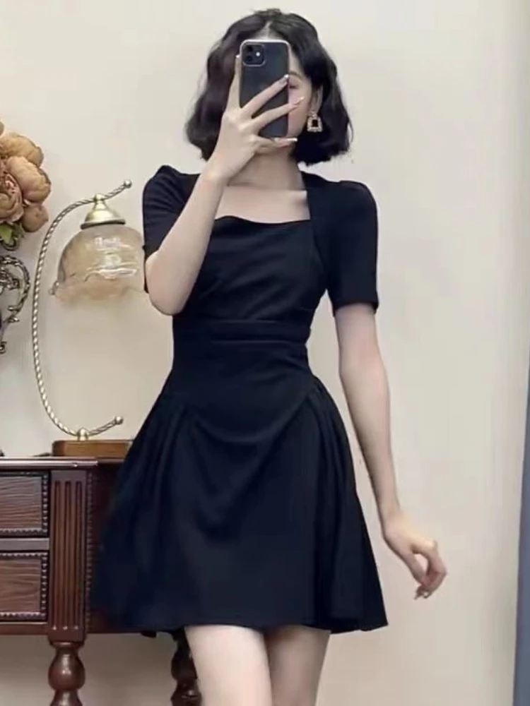 Mini Dress for Women Folds Solid Puff Sleeve Summer Design Tender Daily Korean Style Slim Fit Popular Fashion Vestido Feminino
