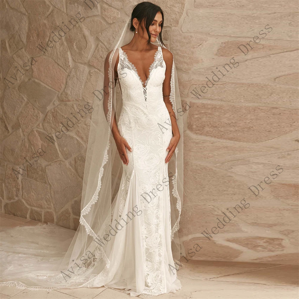 

Backless Deep V-Neck Sleeveless Lace Chiffon Mermaid Wedding Dress Spaghetti Strap Court Train Bridal Gowns vrstidos de novia