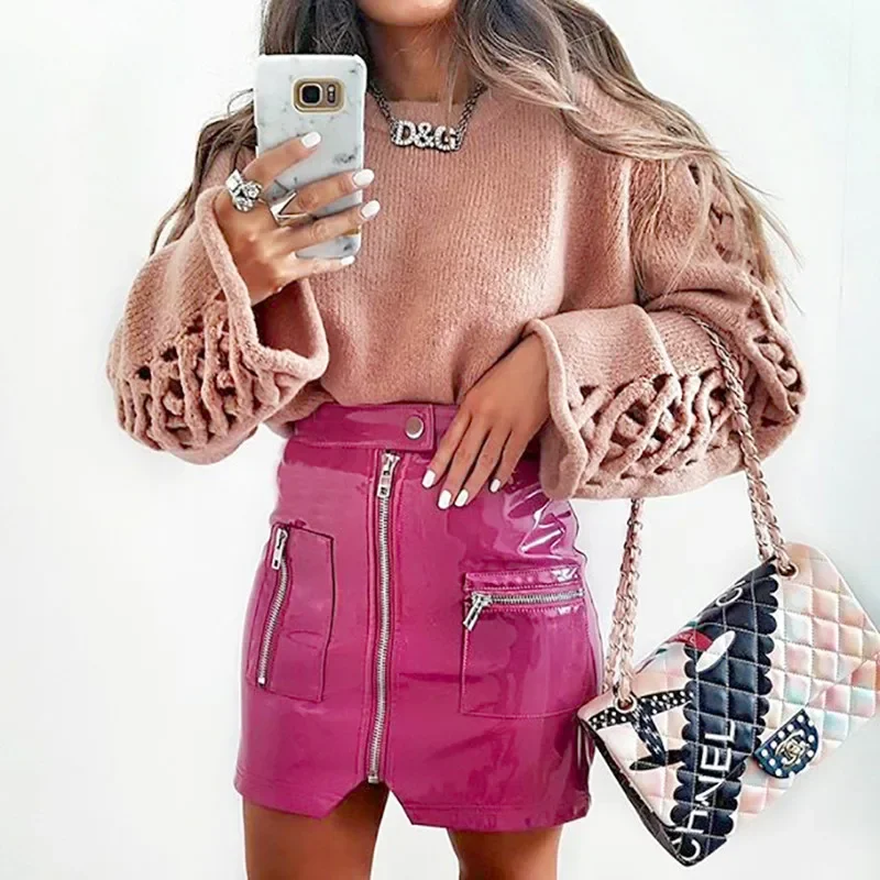 

Sexy High Waist PU Leather Skirt Women Leather Zipper Pocket Skirts New Summer Autumn Elegant Mini Streetwear Pink Black Bodycon