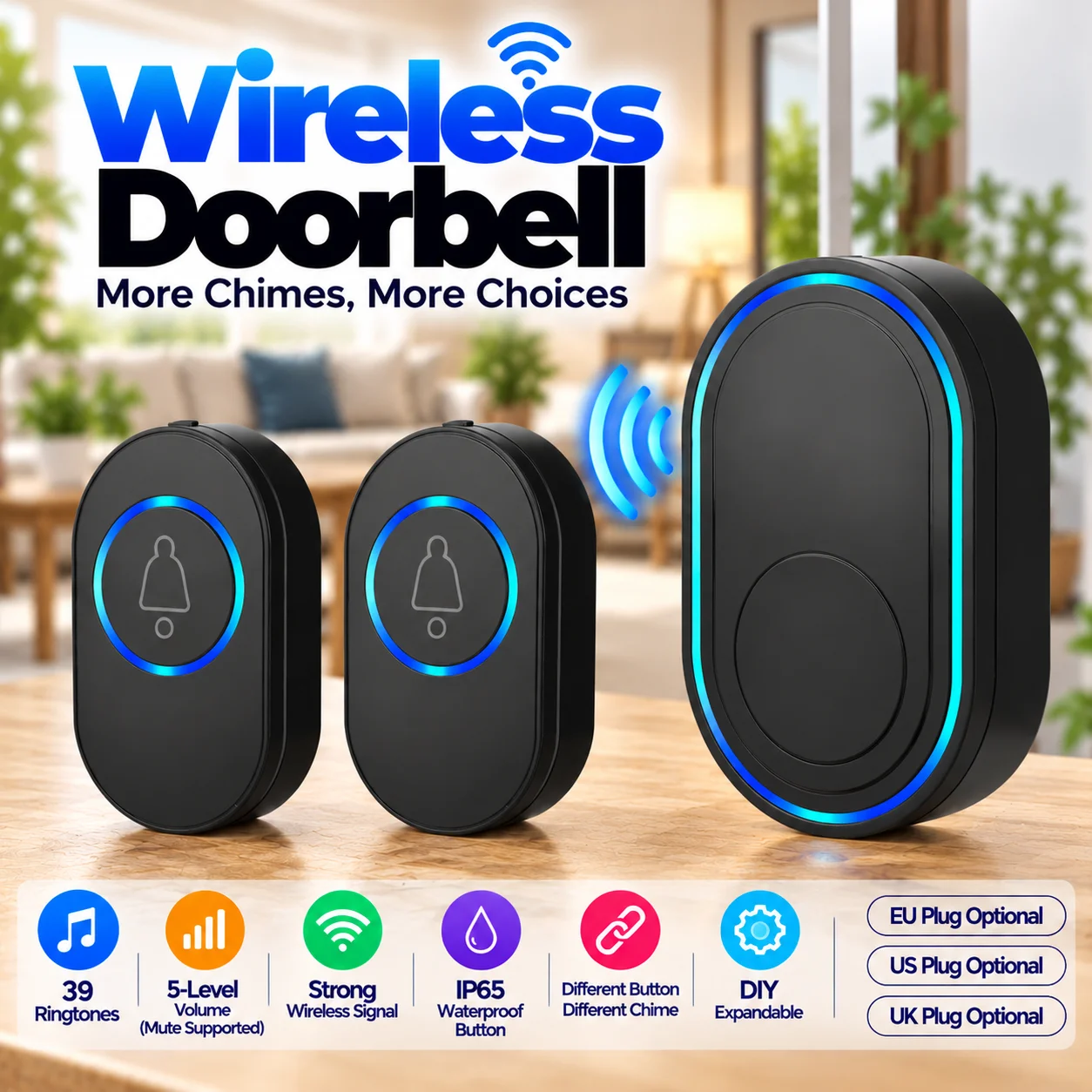 Smart Home Türklingel, kabellose Türklingel für den Außenbereich, IP65, wasserdichte Türklingel, 39 Songs, intelligenter Sicherheitsalarm, Türklingel-Set
