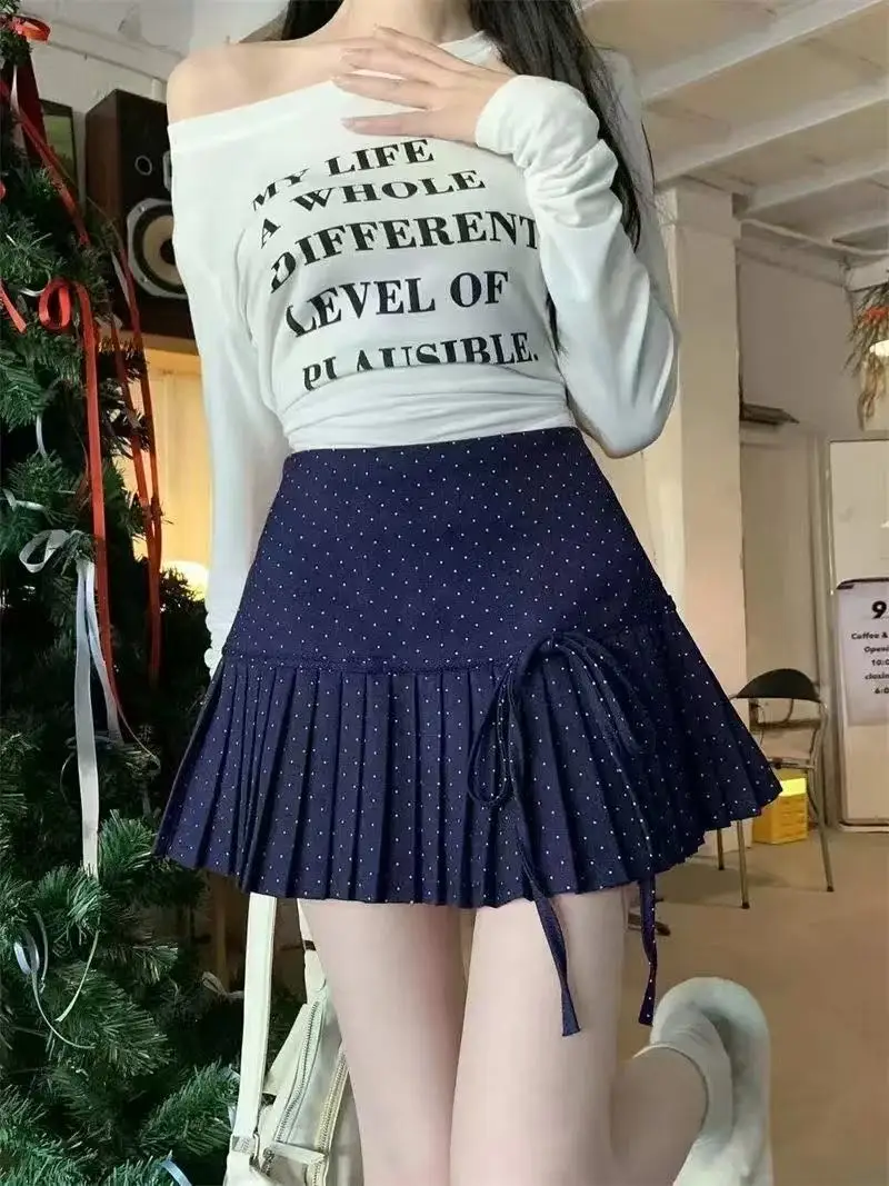 Red Polka Dot Pleated Skirt Women Bow Tie A Word Skirt