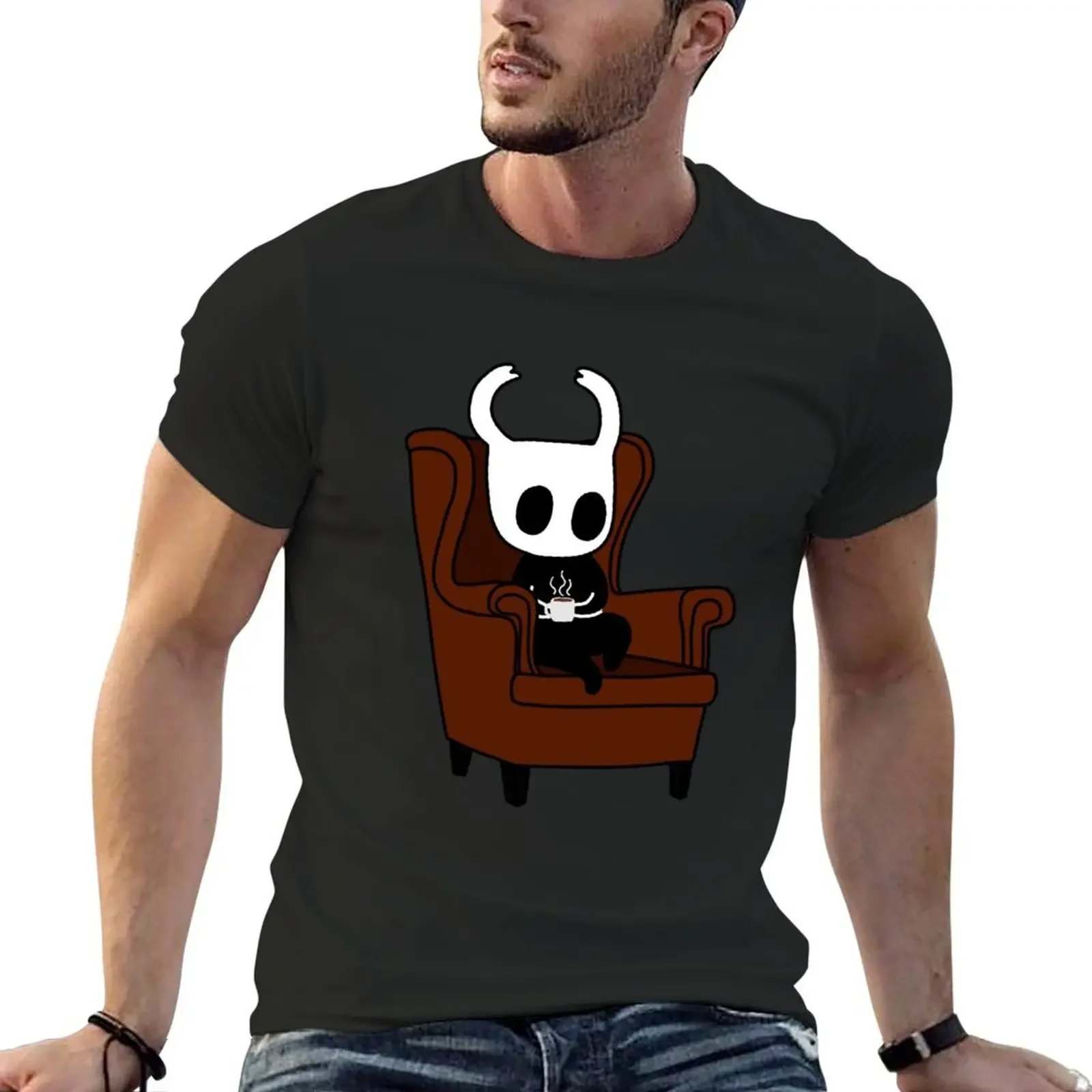 Hollow Knight with a cofee in a couch T-Shirt graphic shirts plus size tops funnys vintage graphic tee men clothing