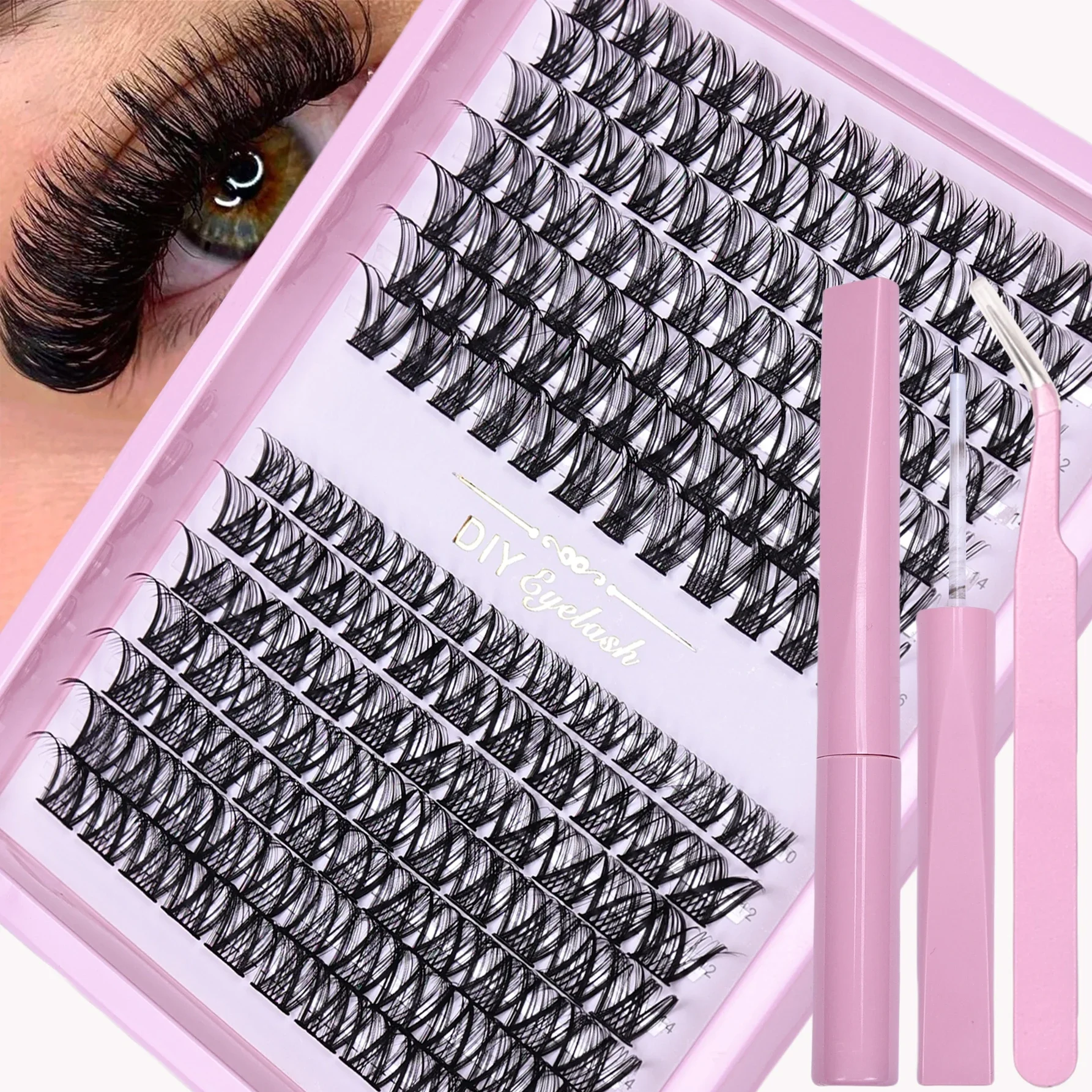 161Pcs DIY False Eyelash Extension Kit with Eyelash Adhesive, Tweezers, and Sealant,Lashes Cluster D Curl, Mix Lash Clusters