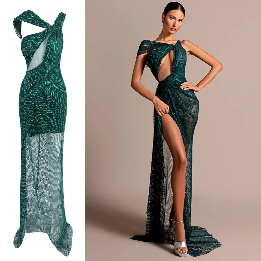 فستان طويل شبكي كريستالي أخضر زمردي - فستان بفتحة كتف واحدة لحفلات الكوكتيل الراقية وعرض السجادة الحمراء