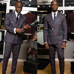 Casual Men Suits Two Button 2-Pieces Jacket Pants New Tuxedo Grid Bridegroom Wedding Suit Formal Occasiom Plus Size Customized