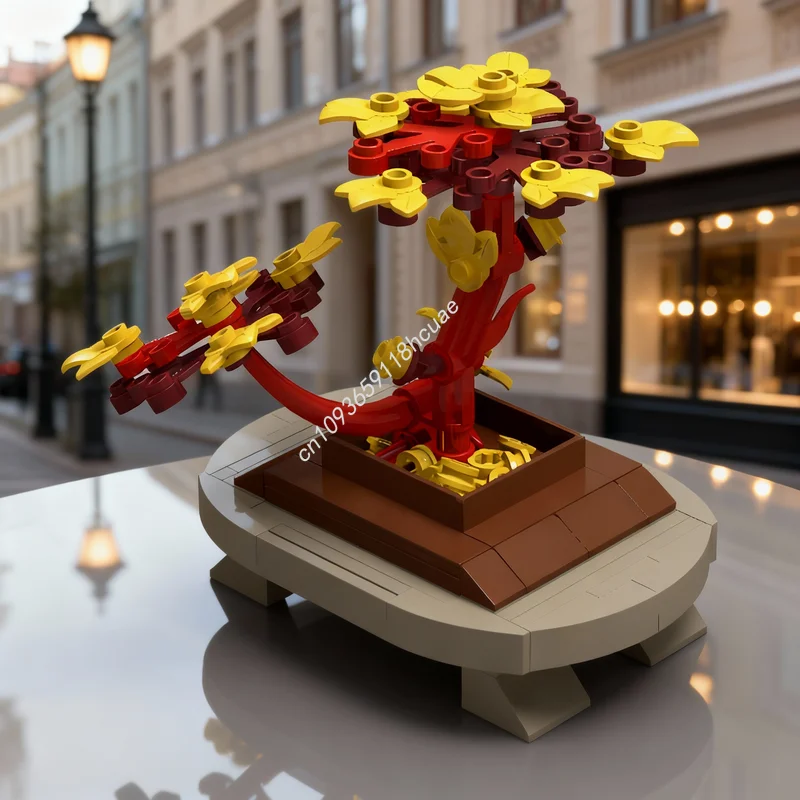 106pcs MOC Botanicals Micro Red Bonsai Pot Model Building Blocks Architecture Christmas Gifts Creative Education Idea Toys Brick