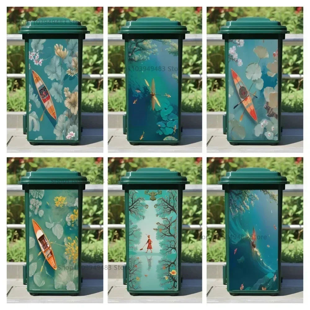 Boat Lake Painting Waterproof Removable Mural DIY Garbage Bin Decal for Home Outdoors Trash Can Decor Pvc Self-adhesive Sticker