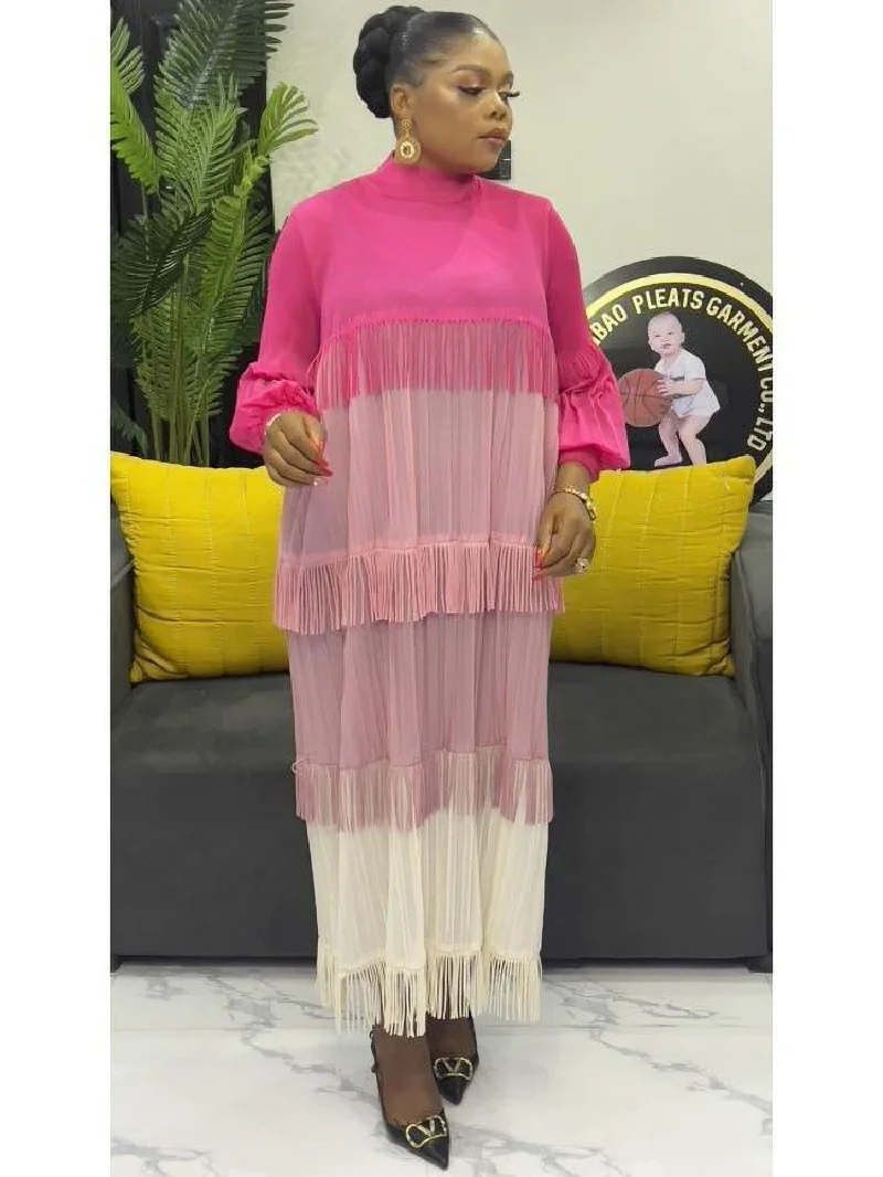 2025 Moda Lanterna Maniche Allentato Sottile Nappa Gonna Lunga Patchwok Color Block Abito Per Le Donne Pieghettato Manica a Soffio a Metà Polpa Dres