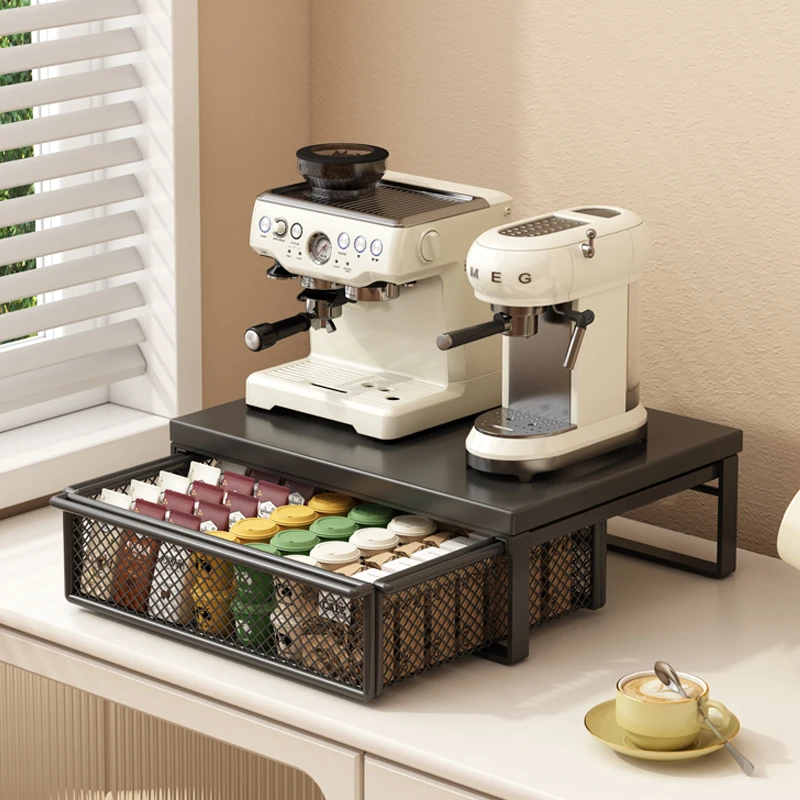 Desktop Coffee Machine Organizer Drawer Style Bar Counter Cup Dustproof Storage Rack Tea Bag Holder Metal Material Simple Design