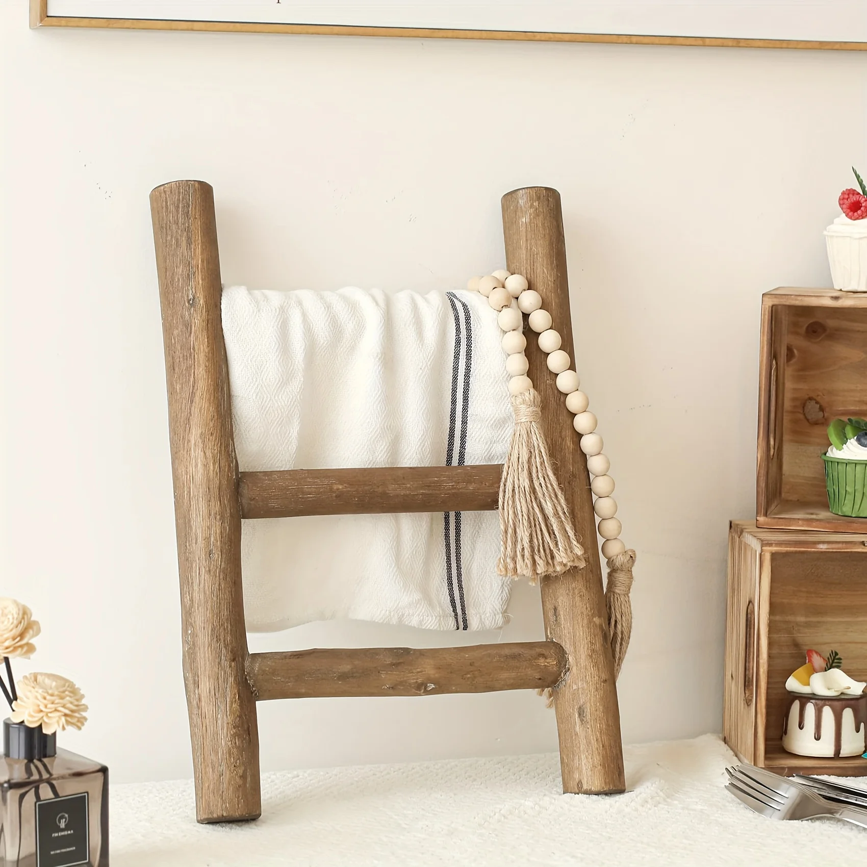 

Rustic Wooden Ladder Shelf for Kitchen & Bathroom | Farmhouse Towel Holder and Display Rack | Multi-Purpose Wall Mount Decor