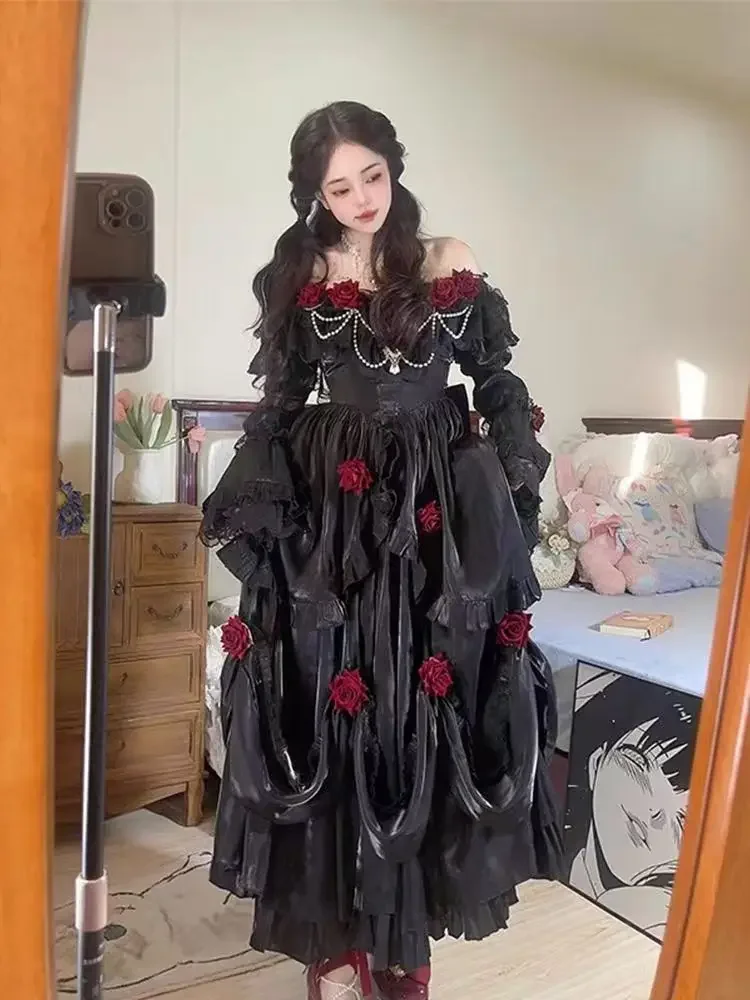 

Party Spring Sweet Pearl Chain Flower Black Dresses Pleated Balck Dresses Women Lolita Elegant Petal Sleeve Long Princess Dress